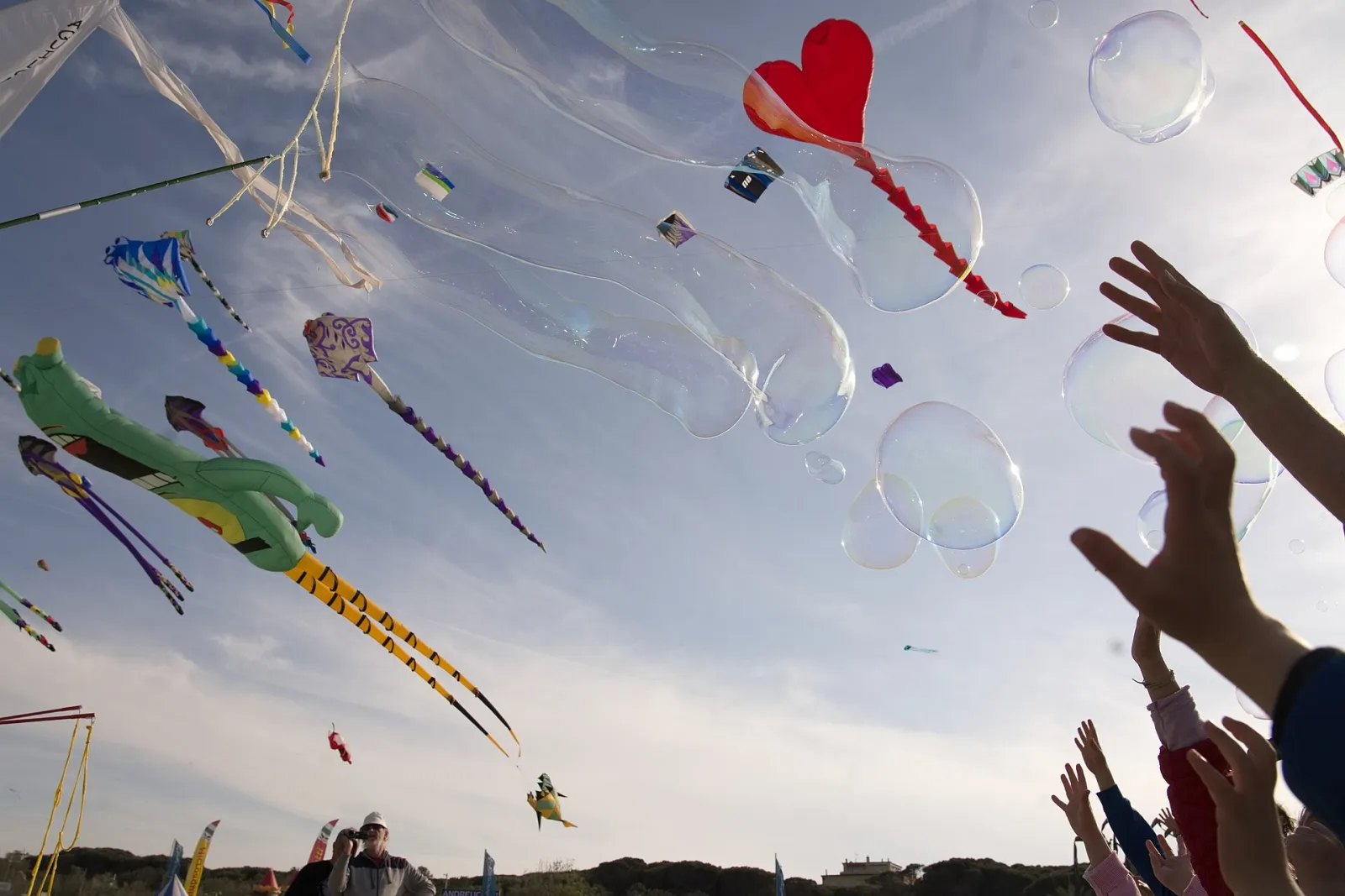 Decine di aquiloni colorati in volo sulla spiaggia di Pinarella durante il festival